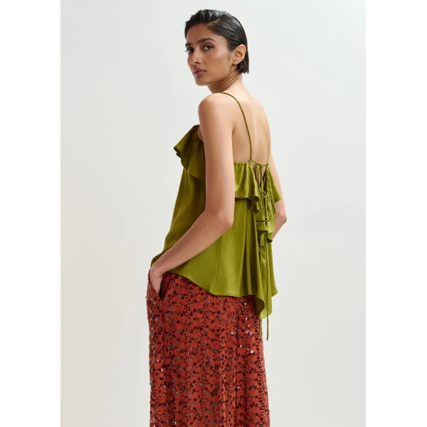 Essentiel Antwerp Green ruffled camisole top with tie-back detail, view 4