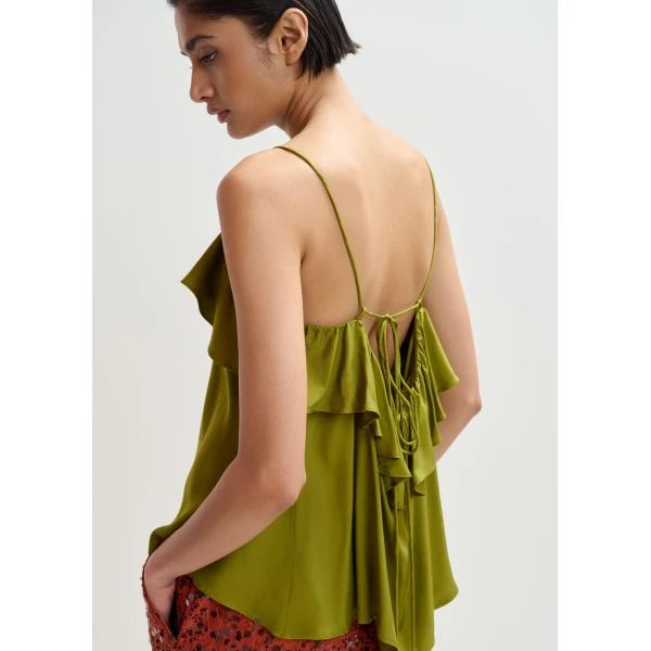 Essentiel Antwerp Green ruffled camisole top with tie-back detail, view 5