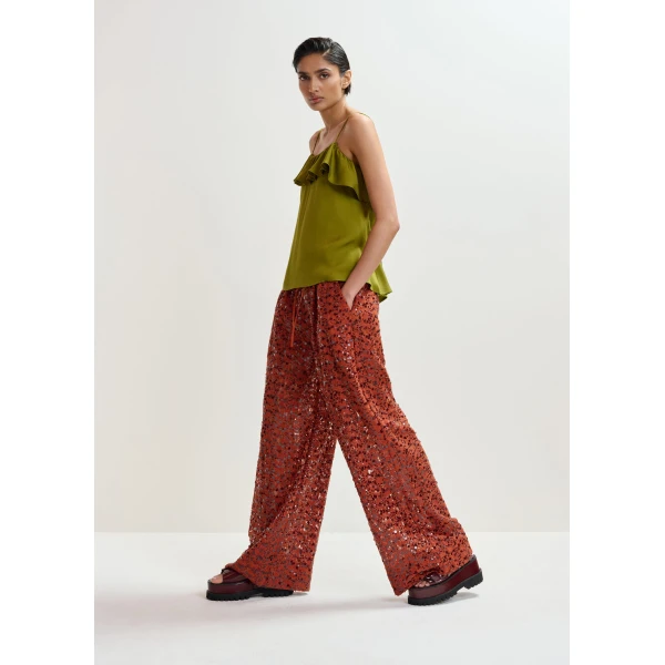 Essentiel Antwerp Green ruffled camisole top with tie-back detail, view 6