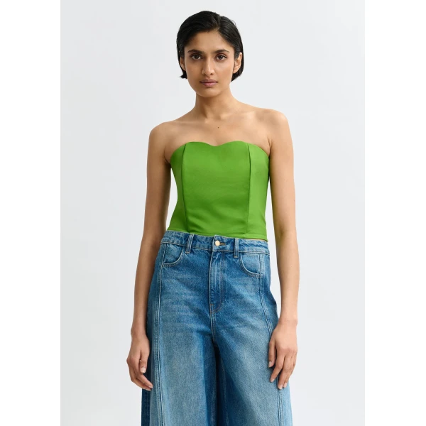 Essentiel Antwerp Green sculpted bustier top with smocked back, view 3