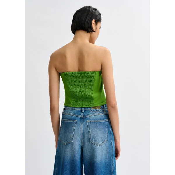 Essentiel Antwerp Green sculpted bustier top with smocked back, view 4