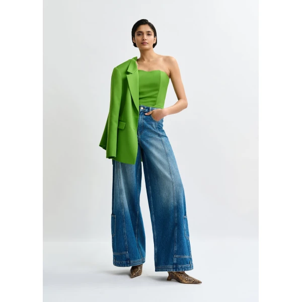 Essentiel Antwerp Green sculpted bustier top with smocked back, view 5