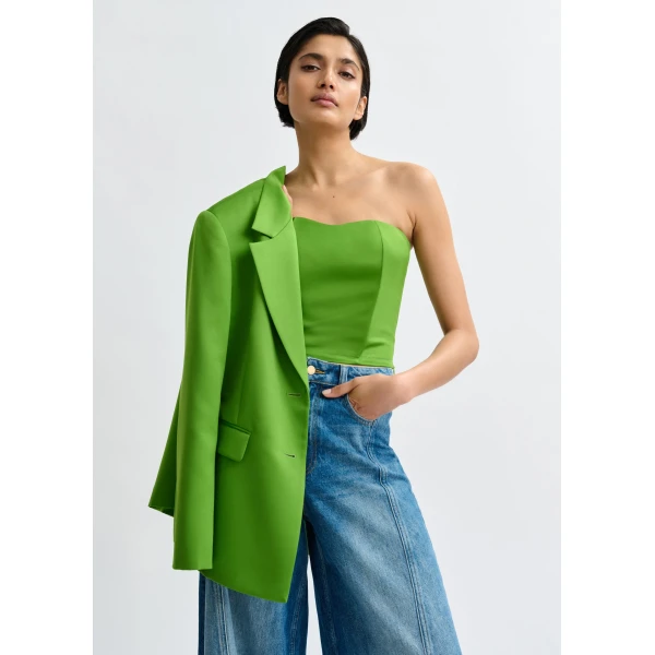 Essentiel Antwerp Green sculpted bustier top with smocked back, view 6