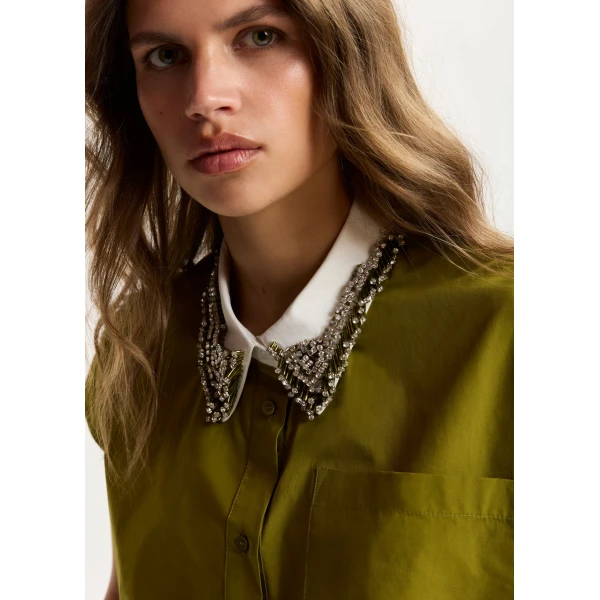 Essentiel Antwerp Green sleeveless cotton shirt with embellished collar, view 3
