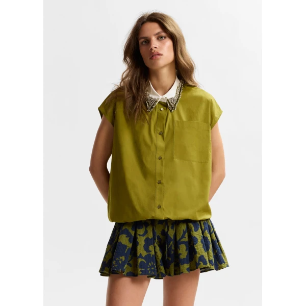 Essentiel Antwerp Green sleeveless cotton shirt with embellished collar, view 6
