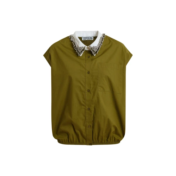 Essentiel Antwerp Green sleeveless cotton shirt with embellished collar