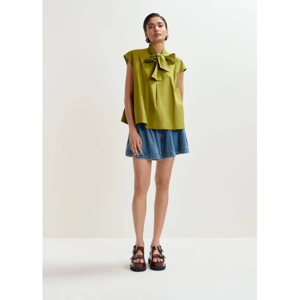 Essentiel Antwerp Green sleeveless top with tie neckline, view 2