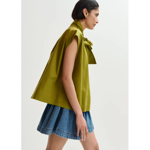 Essentiel Antwerp Green sleeveless top with tie neckline, view 3