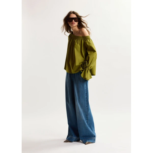 Essentiel Antwerp Green strapless cotton top with rosette details, view 3