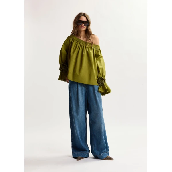 Essentiel Antwerp Green strapless cotton top with rosette details, view 4