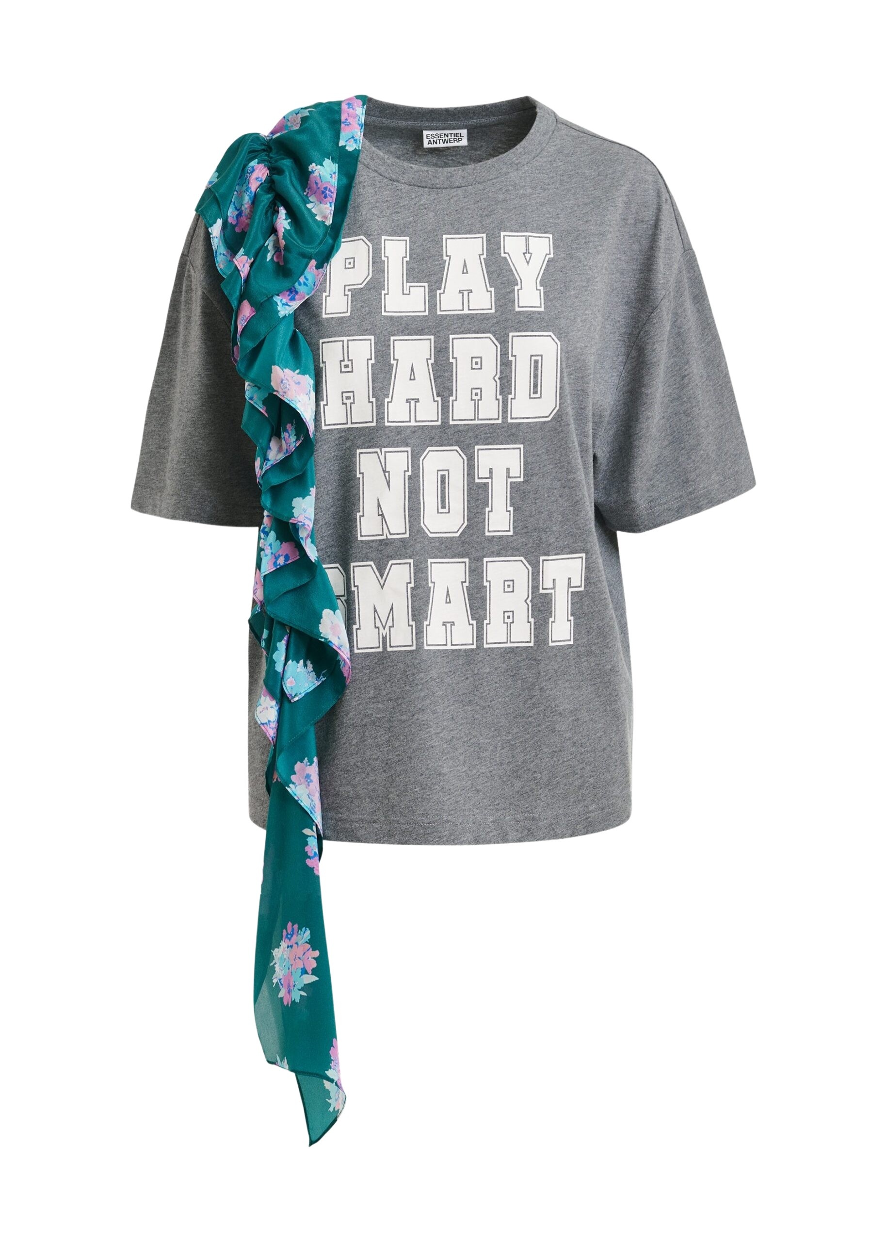 Grey and white printed cotton T-shirt with turquoise cascading frills