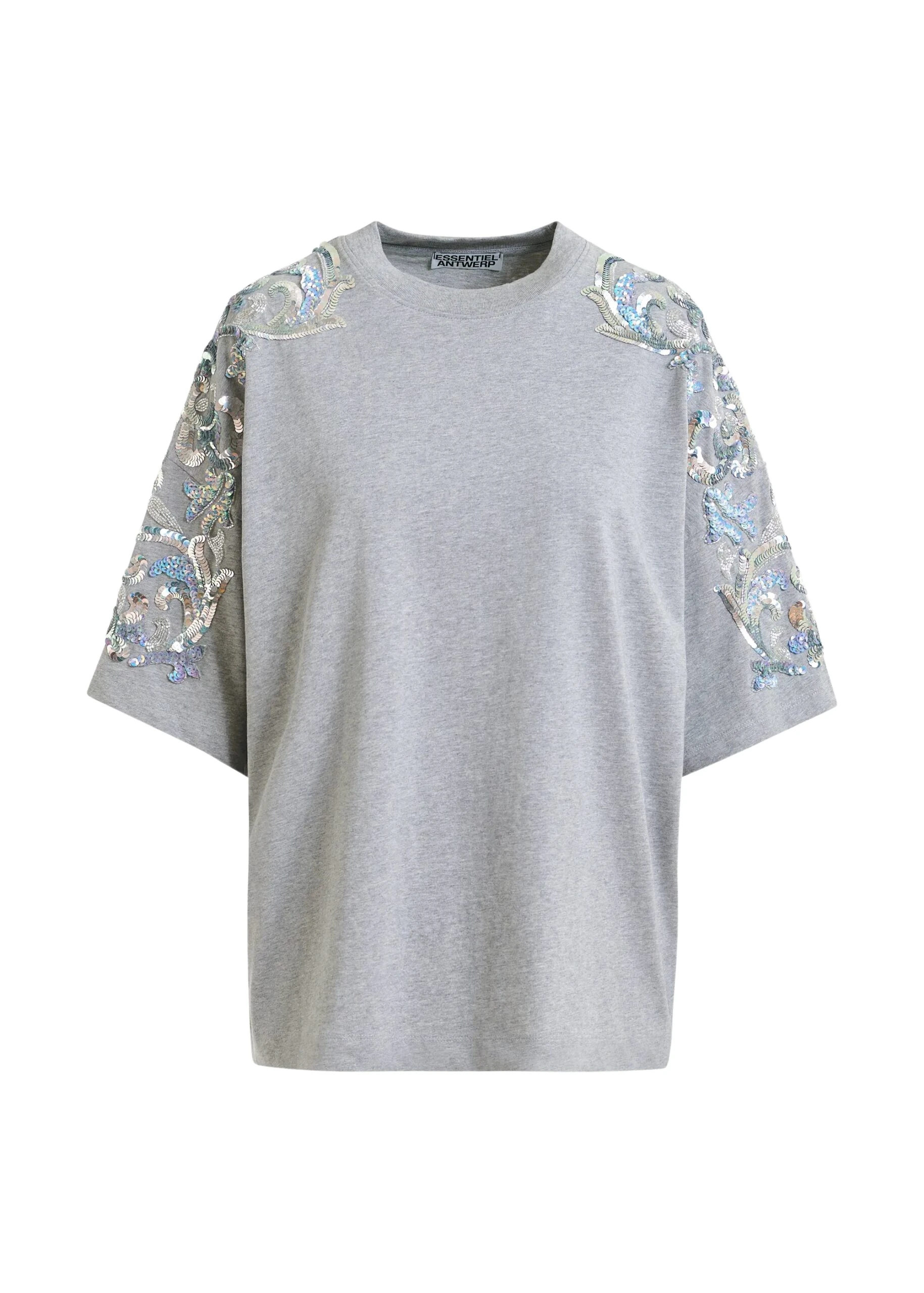 Essentiel Antwerp Grey cotton T-shirt with sequin and bead embellishments Top