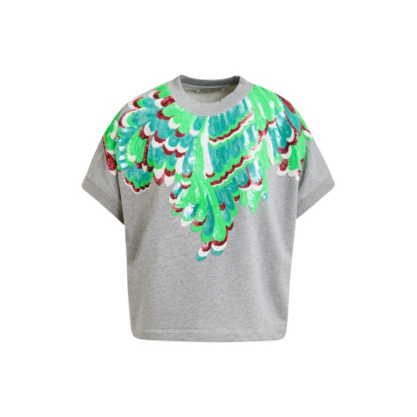 Grey cotton sweatshirt with multicolor feather embellishments