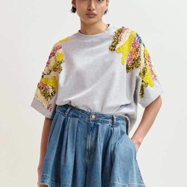 Essentiel Antwerp Grey cotton sweatshirt with multicolor sequin and bead embellishments Top, view 2