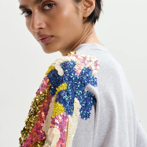 Essentiel Antwerp Grey cotton sweatshirt with multicolor sequin and bead embellishments Top, view 3