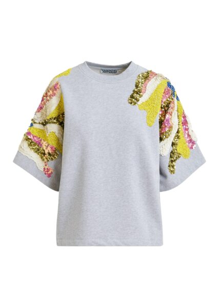 Grey cotton sweatshirt with multicolor sequin and bead embellishments