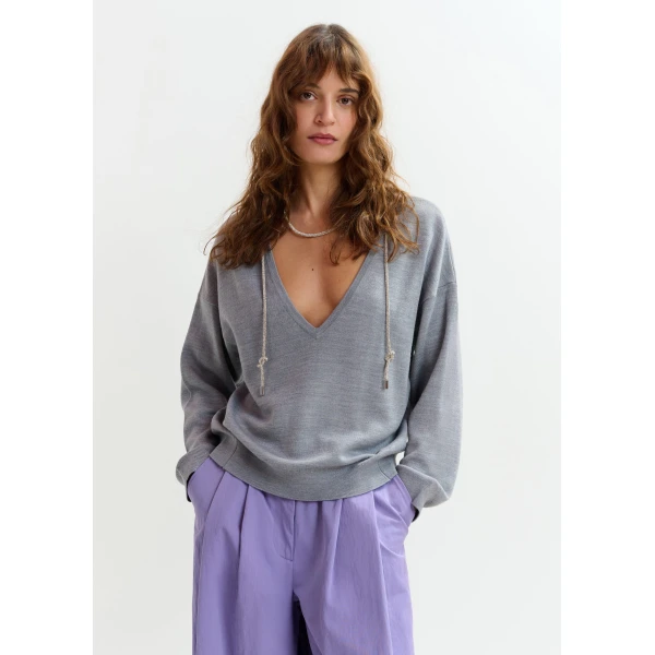 Essentiel Antwerp Grey sweater with rhinestone strings, view 6