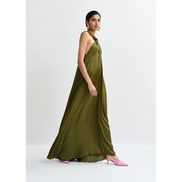 Essentiel Antwerp Khaki A-line halterneck maxi dress with crossover straps, view 3