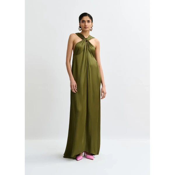 Essentiel Antwerp Khaki A-line halterneck maxi dress with crossover straps, view 4
