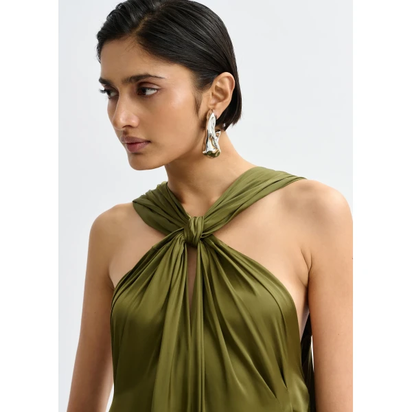 Essentiel Antwerp Khaki A-line halterneck maxi dress with crossover straps, view 5
