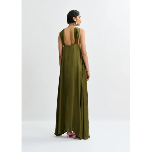 Essentiel Antwerp Khaki A-line halterneck maxi dress with crossover straps, view 6