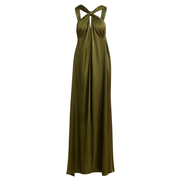 Khaki A-line halterneck maxi dress with crossover straps