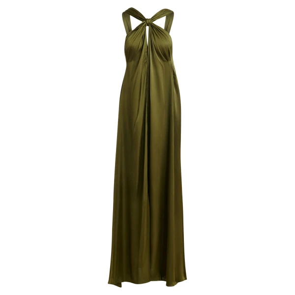 Essentiel Antwerp Khaki A-line halterneck maxi dress with crossover straps