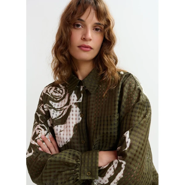 Essentiel Antwerp Khaki and off-white oversized sheer printed shirt, view 3