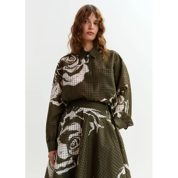 Essentiel Antwerp Khaki and off-white oversized sheer printed shirt, view 4