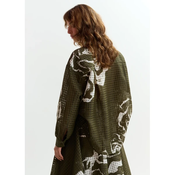 Essentiel Antwerp Khaki and off-white oversized sheer printed shirt, view 6
