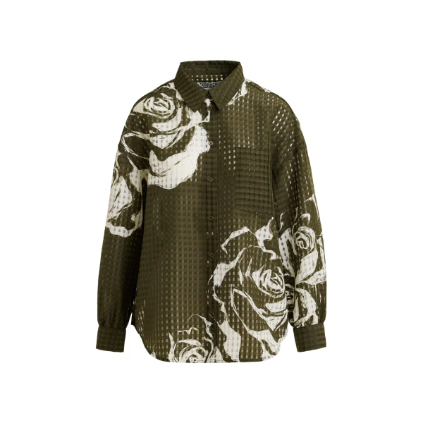 Essentiel Antwerp Khaki and off-white oversized sheer printed shirt