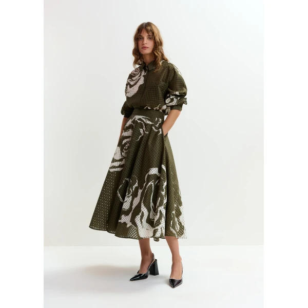 Essentiel Antwerp Khaki and off-white pleated midi skirt with flowers, view 3