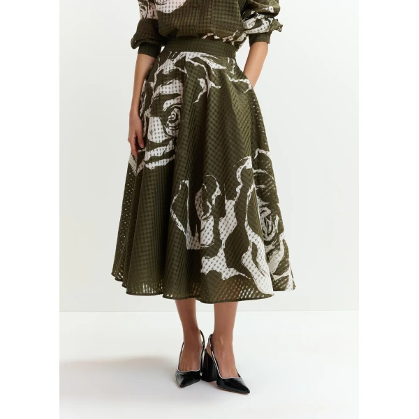 Essentiel Antwerp Khaki and off-white pleated midi skirt with flowers, view 4