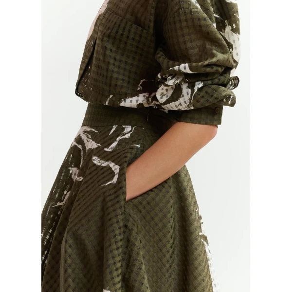 Essentiel Antwerp Khaki and off-white pleated midi skirt with flowers, view 5