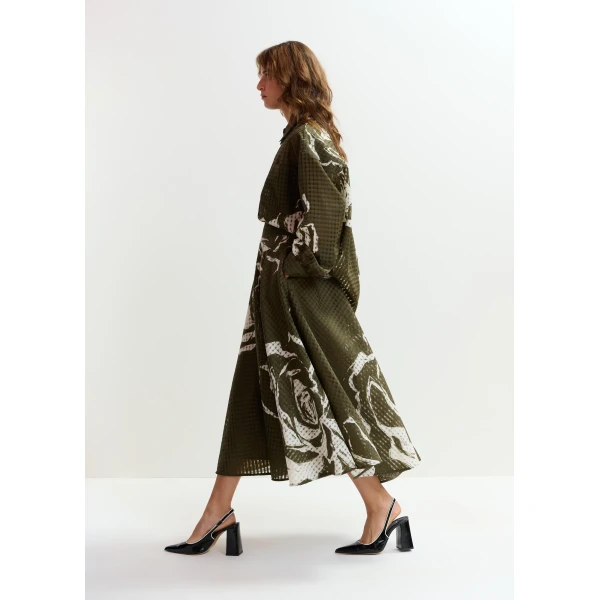 Essentiel Antwerp Khaki and off-white pleated midi skirt with flowers, view 6