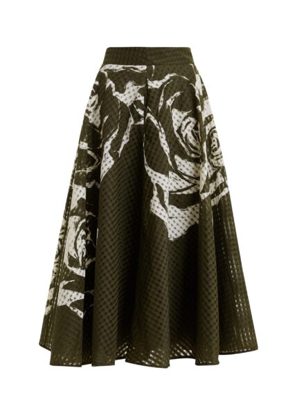 Khaki and off-white pleated midi skirt with flowers