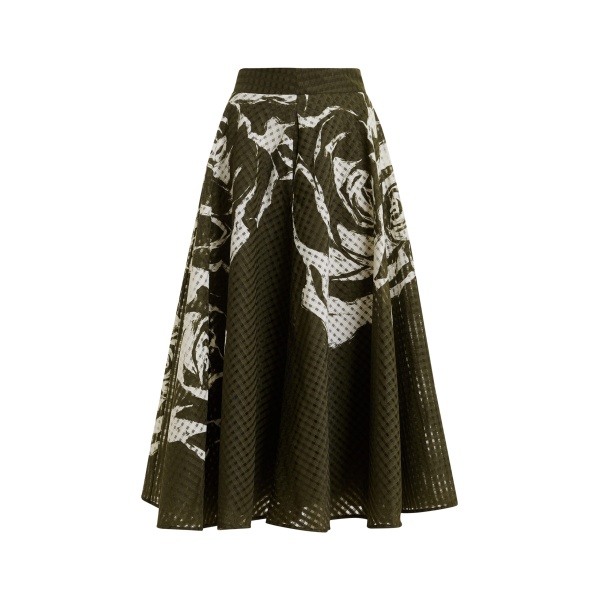 Khaki and off-white pleated midi skirt with flowers