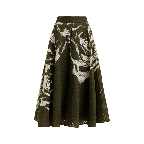 Essentiel Antwerp Khaki and off-white pleated midi skirt with flowers