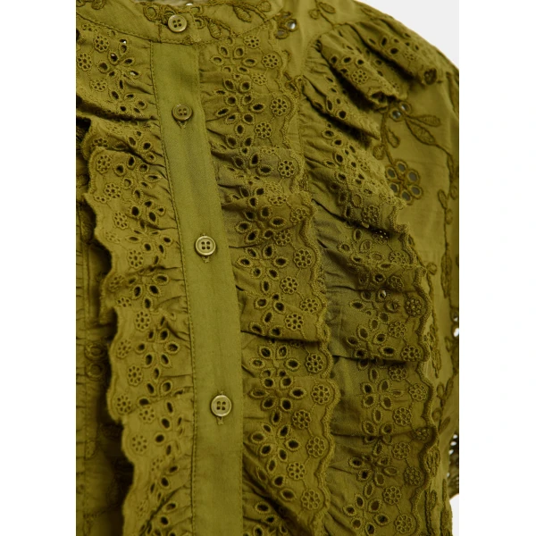 Essentiel Antwerp Khaki broderie anglaise cotton blouse with ruffled trims, view 6