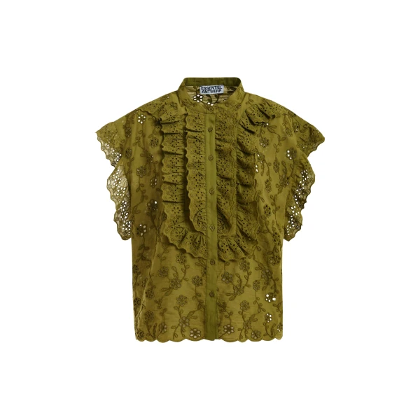 Essentiel Antwerp Khaki broderie anglaise cotton blouse with ruffled trims