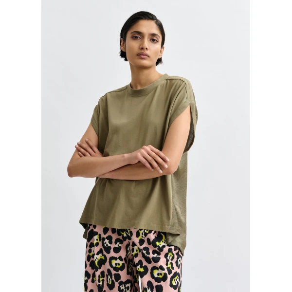 Essentiel Antwerp Khaki cap-sleeve organic cotton T-shirt Top, view 4