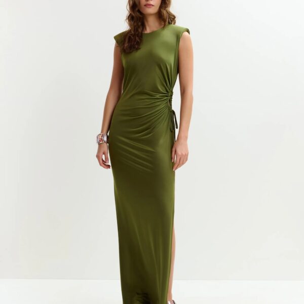 Essentiel Antwerp Khaki fitted sleeveless dress with ruched cut-out detail, view 3