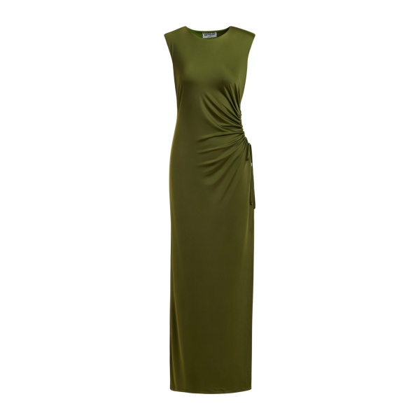 Khaki fitted sleeveless dress with ruched cut-out detail