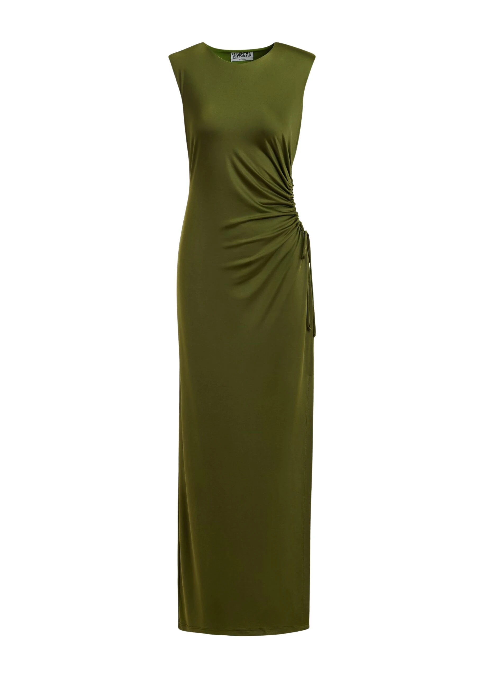 Essentiel Antwerp Khaki fitted sleeveless dress with ruched cut-out detail