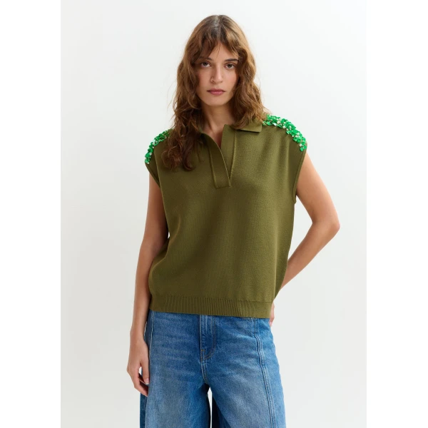 Essentiel Antwerp Khaki sleeveless polo with green embellished shoulders Top, view 3