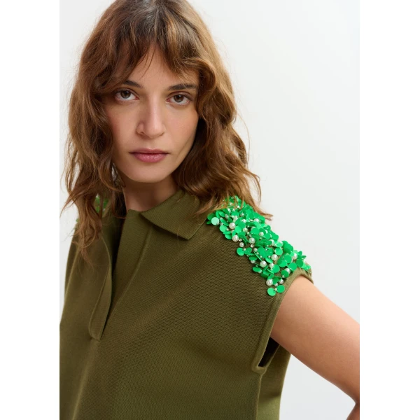Essentiel Antwerp Khaki sleeveless polo with green embellished shoulders Top, view 4