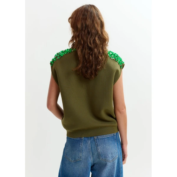 Essentiel Antwerp Khaki sleeveless polo with green embellished shoulders Top, view 5