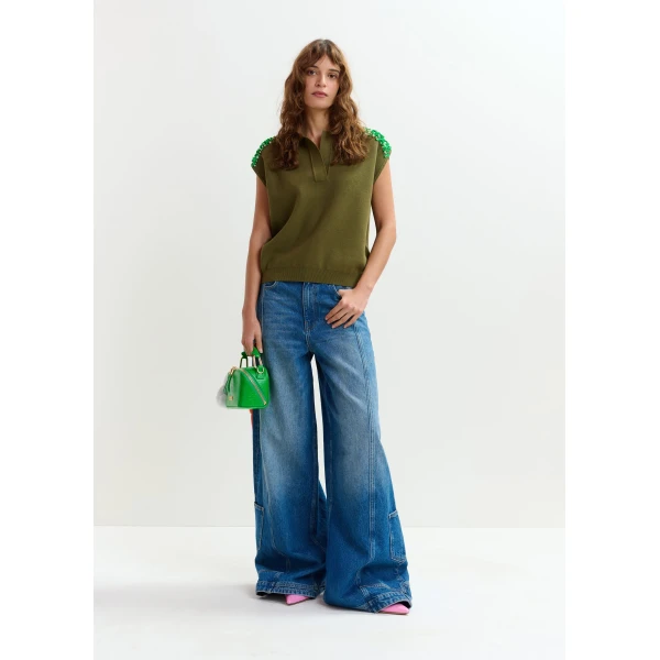 Essentiel Antwerp Khaki sleeveless polo with green embellished shoulders Top, view 6