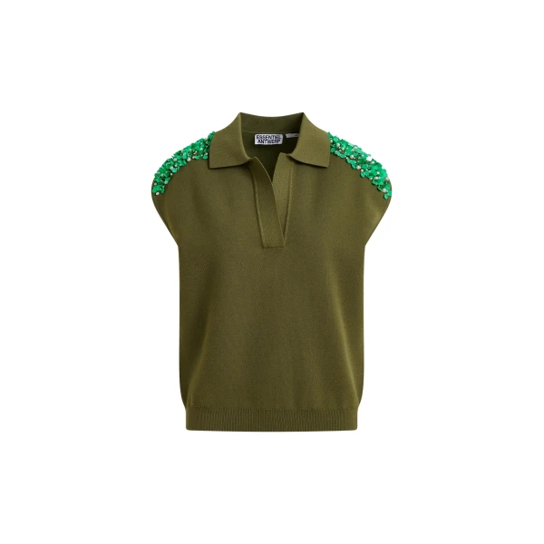 Essentiel Antwerp Khaki sleeveless polo with green embellished shoulders Top