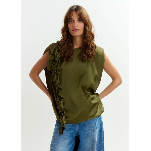 Essentiel Antwerp Khaki sleeveless top with ruffle detail, view 3